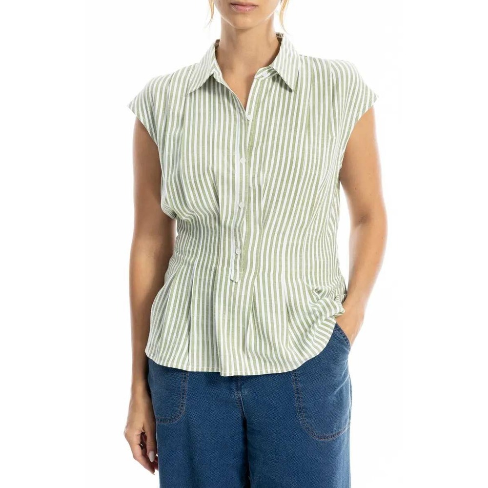 MAX STUDIO LONDON Blouse XL NWT Green White Striped Peplum Button Down Top